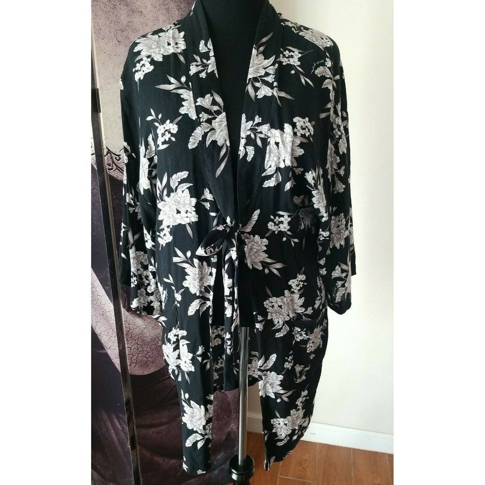 SPIRITUAL GANGSTER Women's Tie Front Black Floral Cardigan Robe Duster Size OSFM
